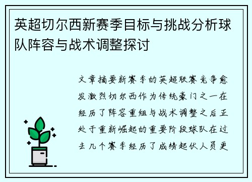 英超切尔西新赛季目标与挑战分析球队阵容与战术调整探讨 英超切尔西新赛季目标与挑战分析球队阵容与战术调整探讨